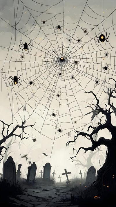 a spider web hanging over a graveyard with tombstones Halloween Spiders At University Of Texas Adidas Art, Halloween Backgrounds, Halloween, Wall Outlets, silver