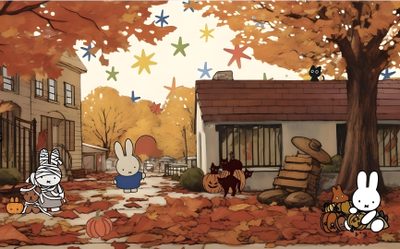 an animated scene with rabbits and pumpkins on the ground in front of a house Cartoon Halloween Desktop High Resolution Pc, Fall Laptop, Fall Desktop Background, sienna