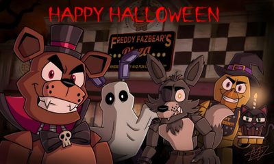 an animated halloween scene with three cartoon characters and the words happy halloween written in red Halloween Fnaf Fnaf Halloween, Freddy 3, Fnaf Oc, Fnaf 1, Fnaf, Party World, dark slate gray