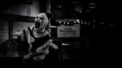 a creepy looking person sitting at a table Halloween Terrifier Terrifier 4k, Fb Banner, Desktop, Drawings, black