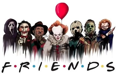 a group of clowns with the words friends painted on them and a red balloon Halloween Horror Friends Friends Horror, All Horror Movie Characters Together, Horror Movie Friends, white smoke