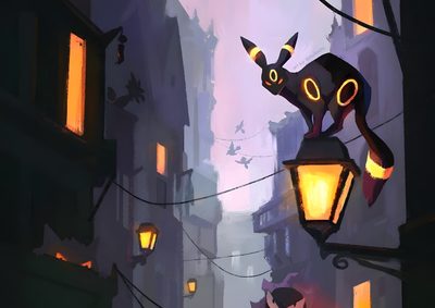 a cat sitting on top of a lamp post in the middle of a city at night Umbreon Halloween 1920x1080 Umbreon Light, Cool Pokemon Pc, Black City Pokemon, dark slate gray