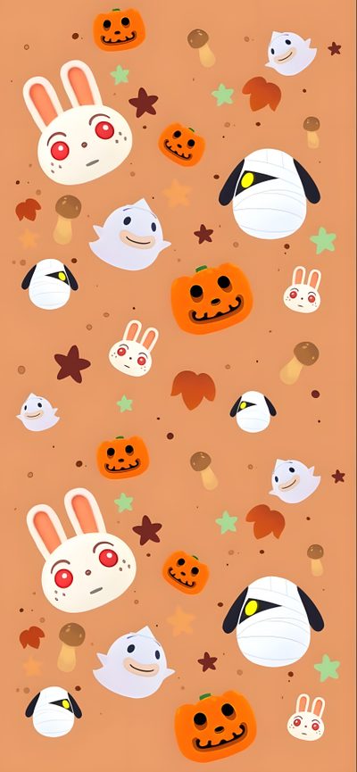 an orange background with many different pumpkins and bunnies on the bottom, one is white Acnh Halloween Acnh Fall, Animal Crossing Fall Background, Nintendo Halloween, sandy brown
