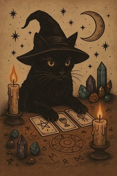 a black cat sitting on top of a table next to candles and tarot cards Vintage Halloween Cat Witchy Cat Art, Black Cat And Witch, Disegno Schizzi, Black Cat Tarot Art, saddle brown