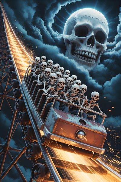 there are many skeletons riding on a roller coaster in the sky with clouds behind them Halloween Roller Coaster Demon Roller Coaster, Skeleton Roller Coaster Meme, Ghost Rider Roller Coaster, dark slate gray