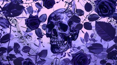 a skull surrounded by purple roses and music notes Halloween Skull Purple Custom Dark Floral Design, Gothic Themed Party Inspiration, Halloween Decoration Ideas, dark slate blue