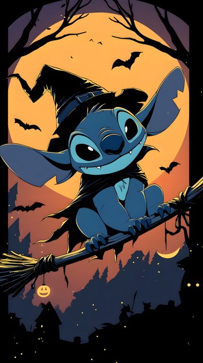 a cartoon character sitting on top of a broom Aesthetic Halloween Stitch Htc, Disney Dudes, Stitch Movie, Image Halloween, dark slate gray