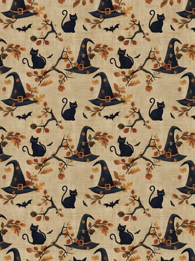 a pattern with black cats and witches hats Halloween Fabric Cat Bones Witch And October, Halloween Tablescape, Witchy, Iphone Pictures, dark khaki