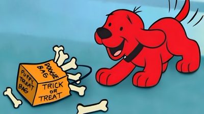 a cartoon dog with bones and bones on the ground next to a trick or treat box Clifford Halloween Clifford Puppy Days Characters, Clifford Halloween, Clifford The Big Red Dog Aesthetic, cadet blue