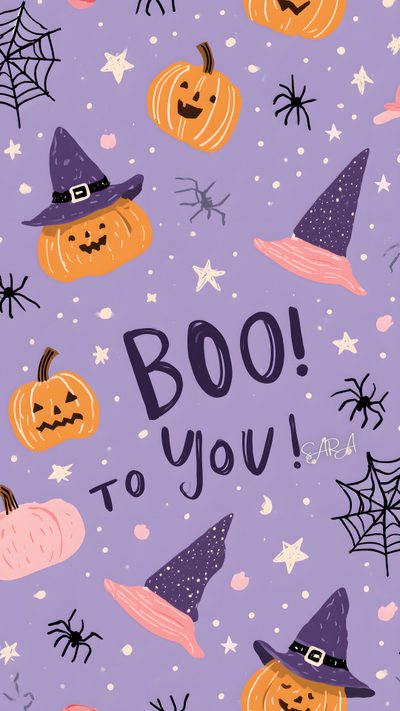a purple background with pumpkins and witches on it, the words boo to you Boho Halloween On Light Purple Halloween, dark gray