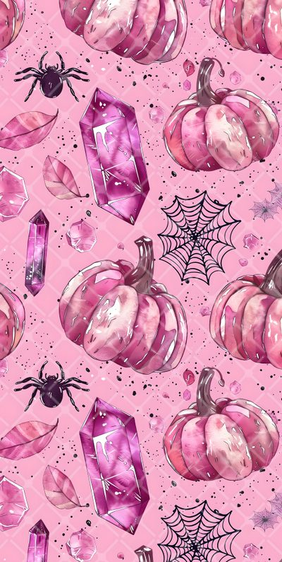 watercolor halloween seamless pattern with pumpkins, spider and crystals on pink background Pink And Purple Halloween Pink Glitter Spider Web Pattern, Pink Witch Background, Pink Halloween Spider Web Design,