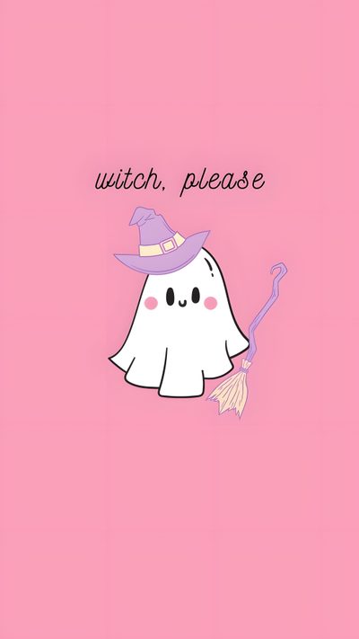 a pink background with a white ghost holding a broom Basic Witch Halloween Aesthetic, Halloween Girl, Creative And Aesthetic Development, Witch, light pink