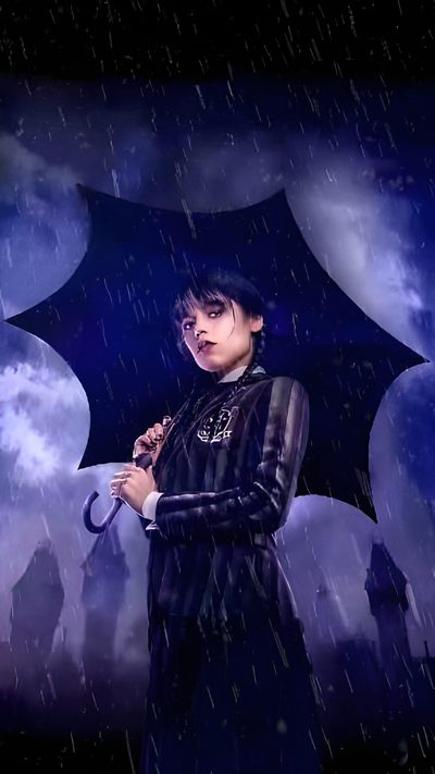 a woman standing in the rain holding an umbrella Wednesday Halloween Image Mercredi Addams, Wednesday Gif, Wednesday Addams Screensaver, midnight blue