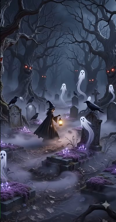 a halloween scene with tombstones, ghostes and lights in the dark forest at night Halloween Spooky Halloween Ghost Halloween Theme Background, Spooky, Cute Halloween Images, dark slate gray
