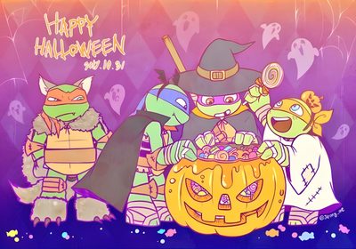 cartoon characters dressed up in halloween costumes with pumpkins and jack - o'- lanterns Tmnt Halloween Tmnt 2012 Donnie Vampire, Tmnt Jack O Lantern, Tmnt 2003 Halloween, pale violet red