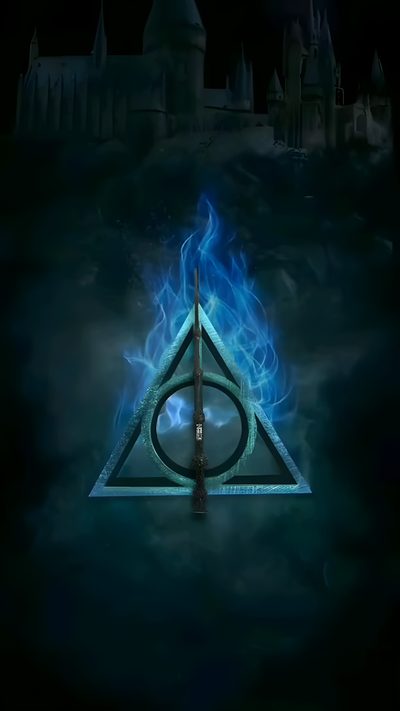 the deathly hallows symbol is shown in front of a dark background with blue flames Harry Potter Halloween Harry Potter 3d, 3d Harry Potter, Harry Potter Animated, black