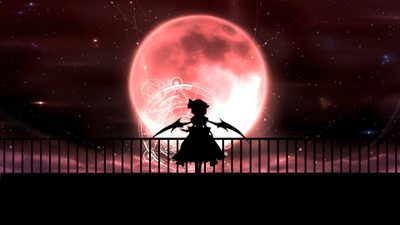 a person standing on a bridge in front of a full moon and red sky with stars Touhou Halloween Touhou Banner Gif, Crimson Moon Gif, Red Moon Gif Anime, Red Moon Gif Banner, black