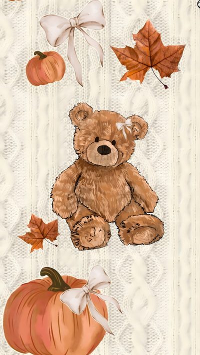 a brown teddy bear sitting on top of a pile of autumn leaves next to a pumpkin Teddy Bear Halloween Cute Fall Backgrounds, Halloween Iphone Backgrounds, Halloween Cute, light gray