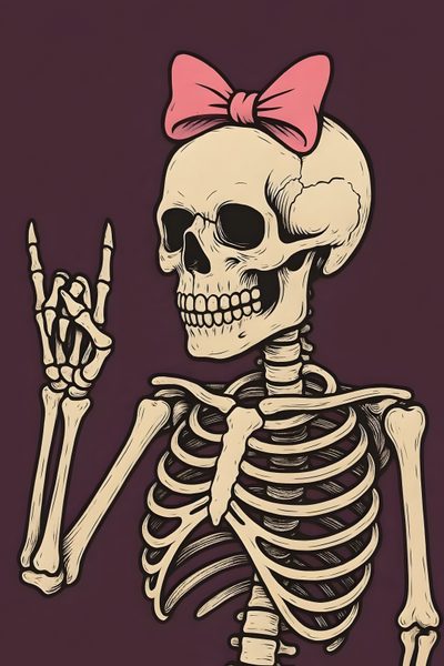 a skeleton with a pink bow on its head and hand in the shape of a peace sign Cute Halloween Skeleton Cute Skeleton, Cute Skeleton Pfp, Cute Halloween Skeleton, dark slate gray
