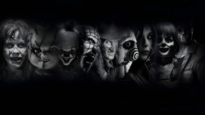 a group of scary clowns with their faces painted black and white in the dark Halloween Movie Desktop Scary Youtube Banner, Scary Ipad, Desktop Horror, Scary Laptop, Laptop Scary, black