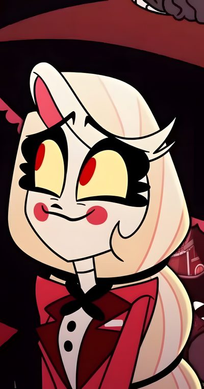 an animated cat with red eyes and black hair wearing a top hat, bow tie and tuxedo Happy Halloween Charlie Charlie Morningstar Screenshots, Charlie Morningstar Drawing Easy, Angry Charlie Hazbin Hotel, saddle brown