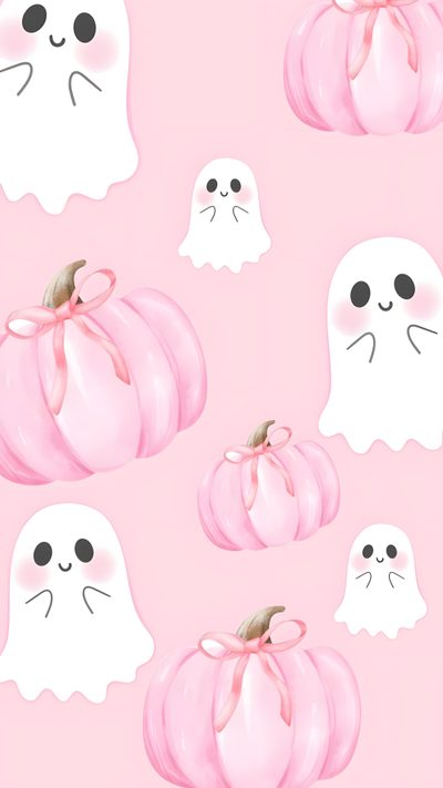 some pink pumpkins with ghost faces on them Light Pink Halloween Pink Ghost, Iphone Preppy, Halloween Iphone Backgrounds, misty rose
