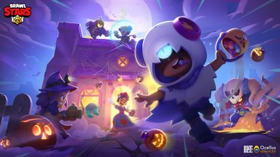an animated halloween scene with pumpkins and witches Brawl Stars Halloween Brawl Stars Splash Art, Leon Brawl Stars Background, Trick Or Treat Leon Brawl Stars, dark slate blue