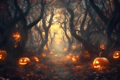 pumpkins lit up in the woods for halloween Halloween Pumpkin Path Prom Backdrops, Types Of Lighting, Halloween Graveyard, dark slate gray