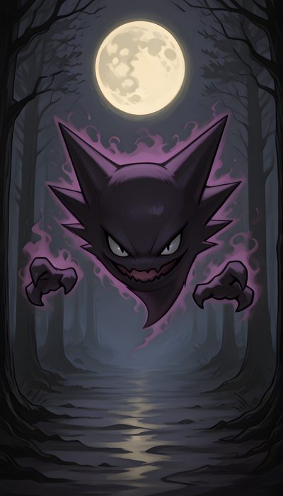 an image of a cartoon cat in the woods with a full moon behind it and fire coming out from its mouth Ghost Pokemon Halloween Gastly Haunter Gengar, Gengar Ghost Pokemon, Pokemon Indigo League, dark slate gray