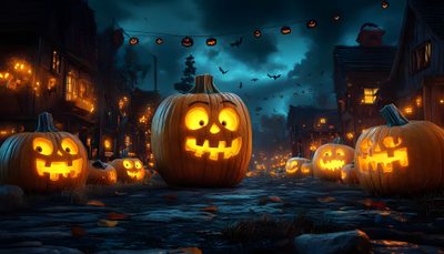 halloween pumpkins lit up in the street at night Free Halloween For Desktop Background Halloween Backgrounds Landscape, Halloween Background Realistic, Halloween Full Moon Background, black