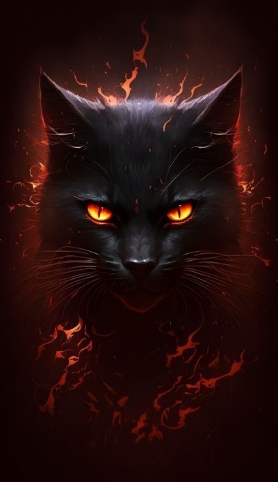 a black cat with orange eyes and flames in the background, looks like it is on fire Halloween Fiery Felines-black Custom Cat With Fire Background, Demon Cat, Cat With Fire Effect,