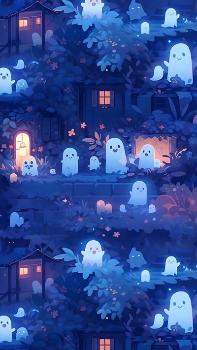 an animated scene with many ghost characters in front of a house and trees at night Blue Cute Halloween Spooky Anime Background, Blue Spooky, Blue Ghost, Halloween Blue,
