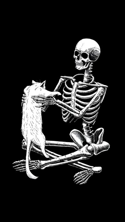 a skeleton sitting on top of a cat Halloween Skeleton Cat Skeletons Cuddling, Two Skeletons Hugging, Two Skeletons Looking At Each Other, black