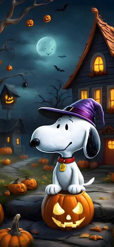 a dog wearing a witches hat sitting on top of a pumpkin in front of a house Peanuts Halloween Happy Halloween Snoopy Halloween, Snoopy Halloween Screensavers, Snoopy Images Halloween, dark slate gray