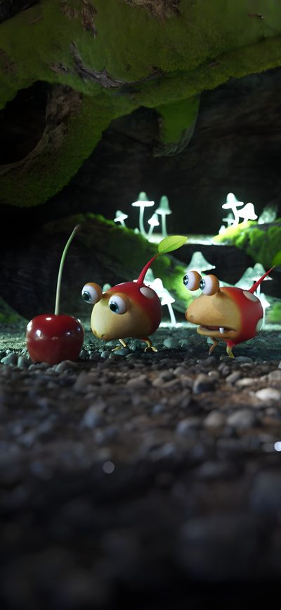 three little red and yellow birds standing next to each other in front of green plants Pikmin Halloween Rock Pikmin, Bulborb Pikmin, Pikmin Life, Pikmin 4, Pikmin Iphone, black