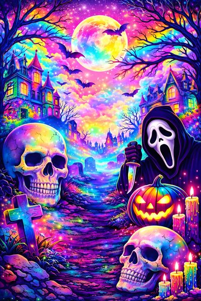 a painting of two skulls in front of a cemetery with candles and a full moon behind them Lisa Frank Halloween Mickey Mouse Iphone, Happy Halloween Pictures, Scary Photos, dark slate blue