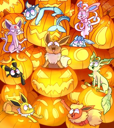 many cartoon characters are sitting on pumpkins Eevee Evolutions Halloween Eevee Pumpkin, Sylveon Halloween, Halloween Umbreon, Thanksgiving Eevee, orange