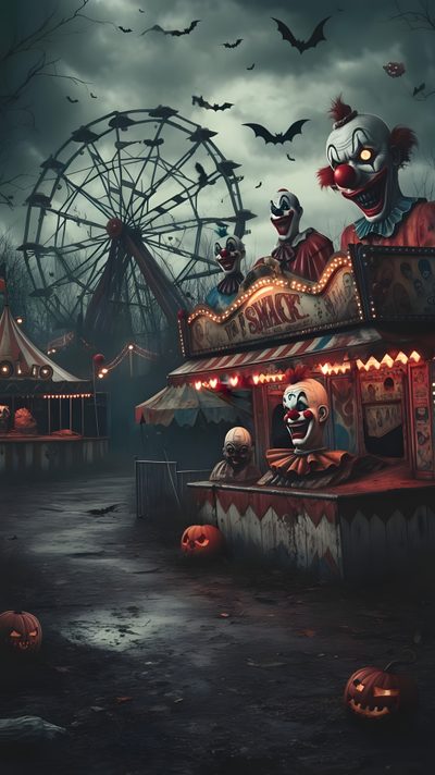 an amusement park with scary clowns on the rides and pumpkins in the air Clown Halloween Creepy Carnival Halloween, Scary Circus, Creepy Circus, dark slate gray