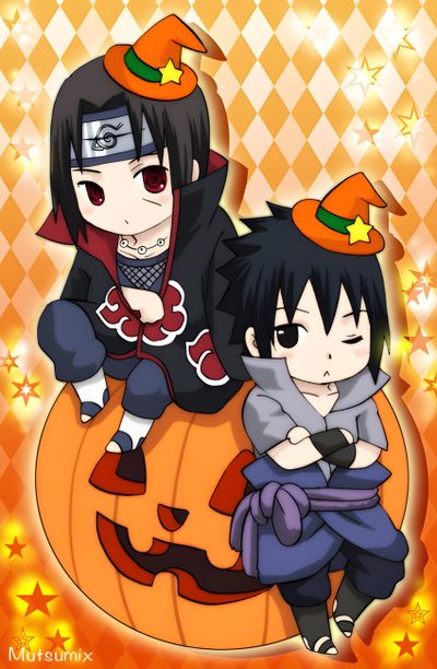 two anime characters sitting on top of a pumpkin Naruto Halloween Sasuke And Itachi, Anime Halloween, Naruto Fan Art, Naruto Drawings, Naruto Memes, peru