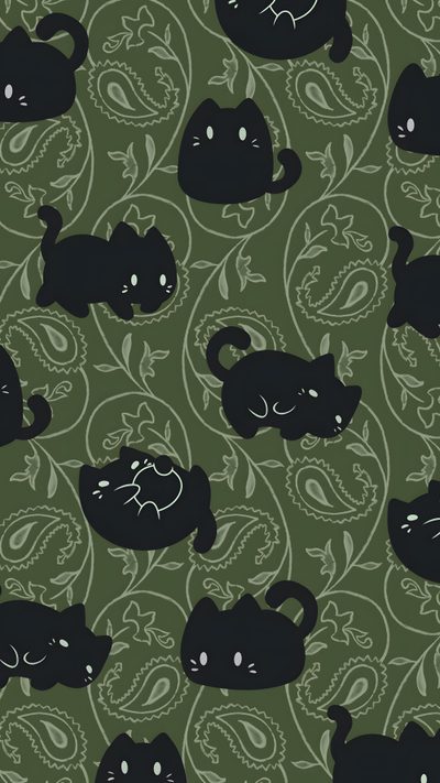 black cats are laying down on a green floral wallpaper with leaves and swirls Halloween Black Cat Green Cat Aesthetic Background, Green And Black Cat, Chat Background,