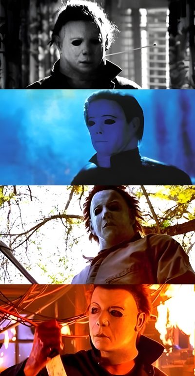 the faces of two people in different movies Halloween 6 Michael Myers Movie Scene, Michael Myers Behind, Michael Myers 2007 Gif, dim gray