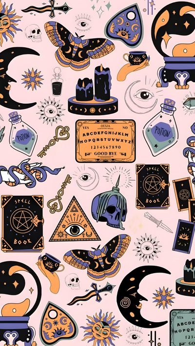 an image of a pattern with various items on the back and side of it, all in different colors Halloween Planchette Cute Patterns, Cute Backgrounds, Halloween, Arte Dell'illustrazione, Witch, light pink