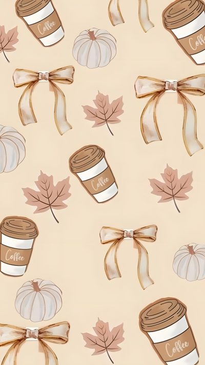 a cup of coffee and fall leaves on a beige background Cute Preppy Halloween Halloween Backgrounds, Cute Images For, November, Autumn Phone, Halloween Cute, bisque