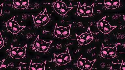 a black background with pink cats on it's sides and faces in the middle Black And Pink Halloween Alien Cat Pc, Tablet Pink, Pink And Black Computer, Creepy Cute Pc,