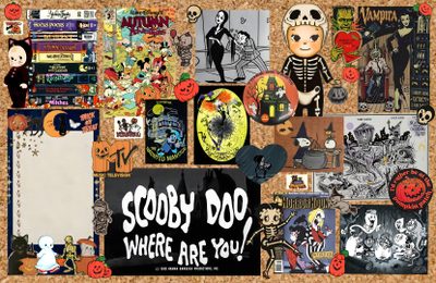 an assortment of halloween themed items and stickers on a cork board with the words scooby doo where are you? Scooby Doo Halloween Laptop Scooby Doo Desktop, Scooby Doo Laptop, Vintage Aesthetic Pc, Scooby Doo, Z, sienna