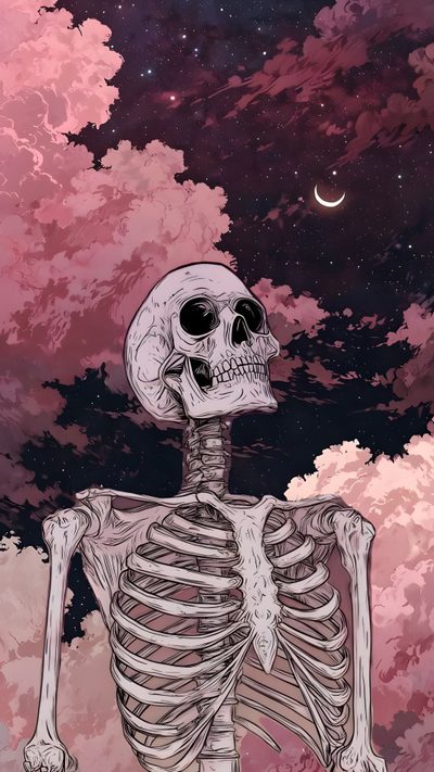 a skeleton sitting in front of a night sky Cute Aesthetic Halloween Skeleton Skeleton Artwork, Halloween Cute, Goth, Witchy, Halloween Iphone, dim gray
