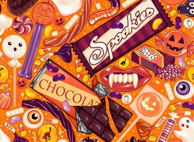 a painting of halloween candy and candies on an orange background with words spooked above it Halloween Candy Hd Ice Cream, Halloween Candy Design, Macarons, Halloween Candy Background Images, tomato