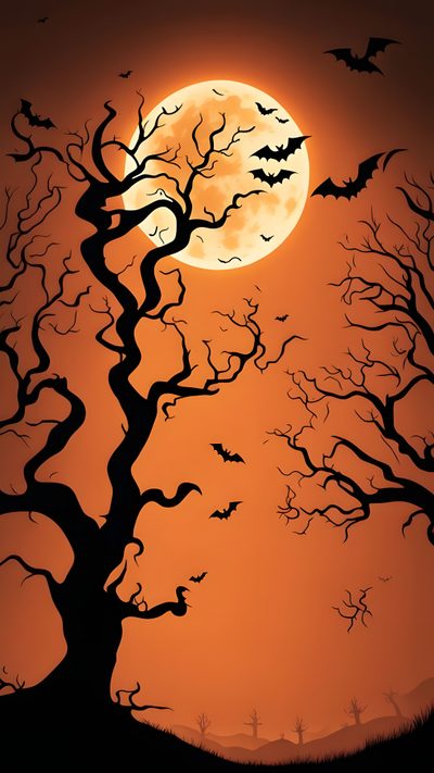 a full moon with bats flying in the sky and trees silhouetted against an orange background Orange Aesthetic Halloween Moon Halloween, Halloween Moon, Halloween Full Moon Background, sienna