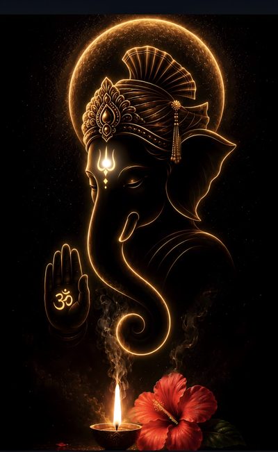 an image of the god ganesha with his hands in front of him and a flower Ganesh Halloween Vinayagar Logo Design, Ganapathy Painting, Ganesha Mural, Vinayaka Images, Vinayagar, black