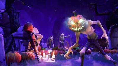 an animated halloween scene with pumpkins and witches Halloween Fortnite Nightmare Before Christmas Fortnite, Fortnite Pumpkin, Fortnite Pumpkin Skin, midnight blue